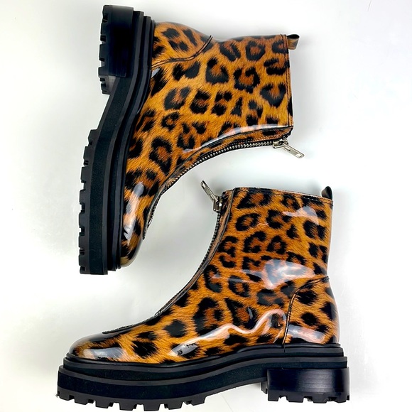 Schutz Maryele Leopard-Print Patent Leather Combat Boots - Picture 2 of 8